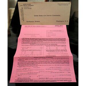 Vintage 1940s US Civil Service Commission Residence Form 12 WWII Era + Envelope
